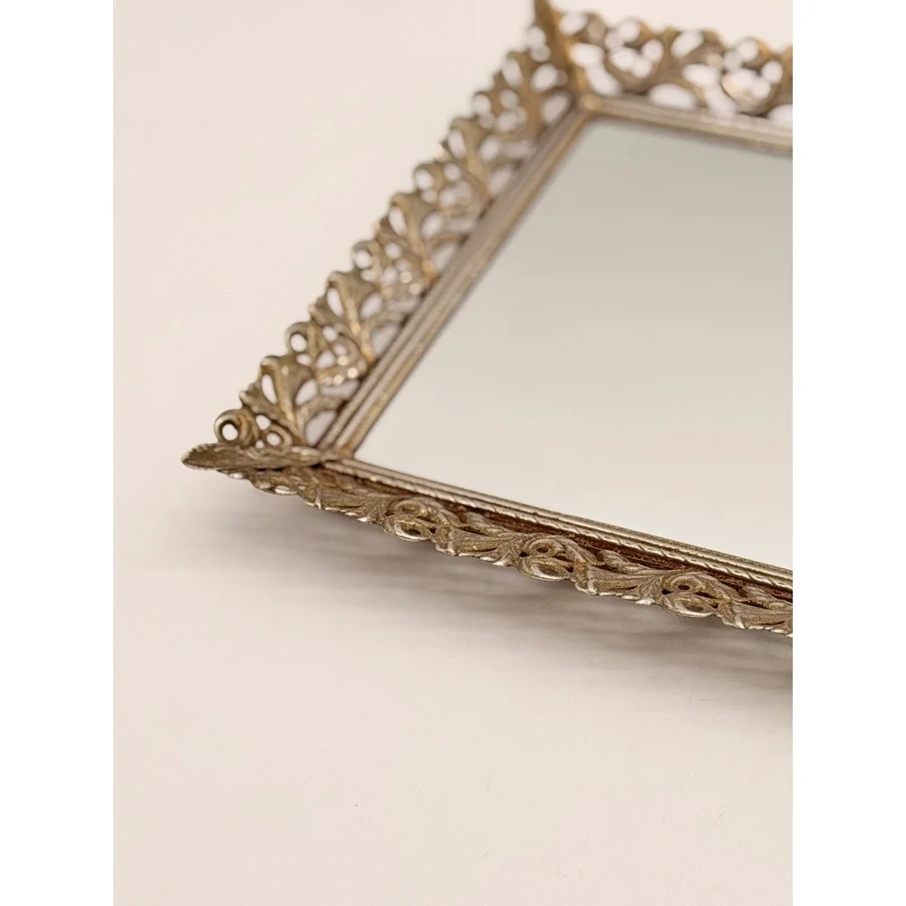 Vintage Hollywood Regency Gold Filigree Mirrored Vanity Tray Ornate Rectangular